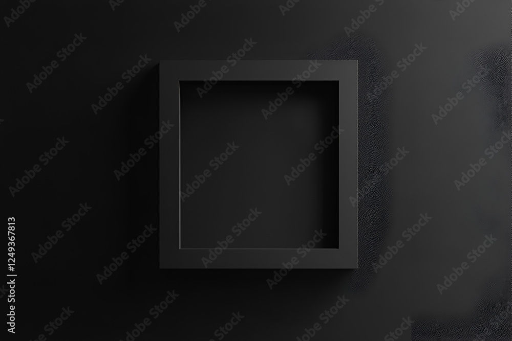 Poster black frame on black wall: a minimalist image featuring a sleek, black rectangular frame set against