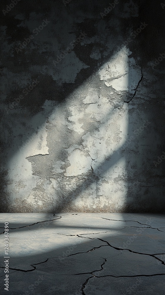 Poster dramatic sunlight beam penetrating through window creating abstract light pattern on cracked concret