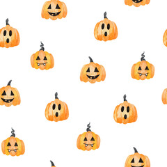 Seamless pattern of scary Jack o lantern pumpkin. Halloween holiday hand drawn illustration. Symbol of horror for textile, fabric and packaging design..