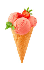 Cone ice cream with strawberry and mint leaf