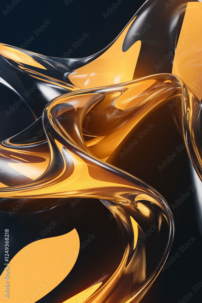 Poster abstract design of golden and amber flowing curves against a dark background, showcasing elegance an