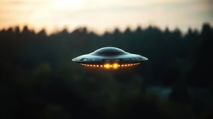 Futuristic flying saucer hovering above a forest at sunset, creating an atmosphere of mystery