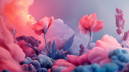 Dreamy pink landscape with blooming flowers