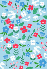 A vibrant floral pattern features colorful flowers, green leaves, and white birds on a light blue background. The playful and fresh design evokes a cheerful, springtime mood with a modern, minimalist 