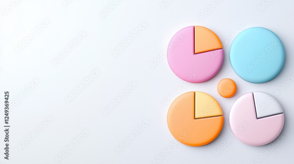 Poster four pastel colored pie charts arranged in a symmetrical pattern on a light gray background, showing
