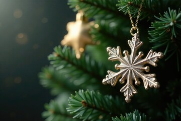 Snowflake-shaped ornaments in metallic silver and gold hanging from the branches of a tall Christmas tree, snowflakes, delicate, lacy