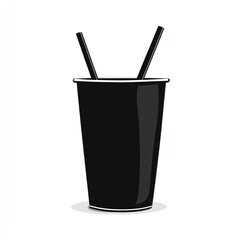 Black paper cup with two straws, white background, drink packaging mockup