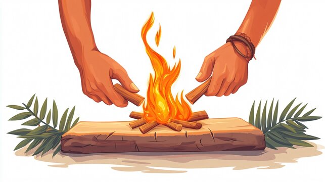 An illustration of an old caveman using a traditional method to light a fire, symbolizing early human survival techniques.