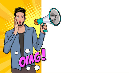 Business man with loudspeaker megaphone announcing discount or sale Special offer shopping time