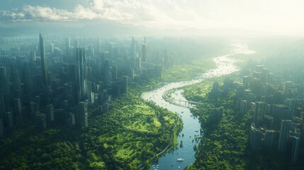 Futuristic megacity in a green valley, tall skyscrapers, advanced infrastructure, eco-friendly city of the future, harmony of technology and nature, smart urbanism, metropolis among mountains.
