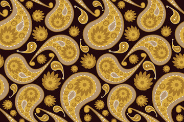 Yellow seamless paisley pattern. Yellow tone color indian wallpaper. Motifs African boho paisley Floral Ikat pattern embroidery, Absract blue paisley background. Vector pattern. For textile, fabric