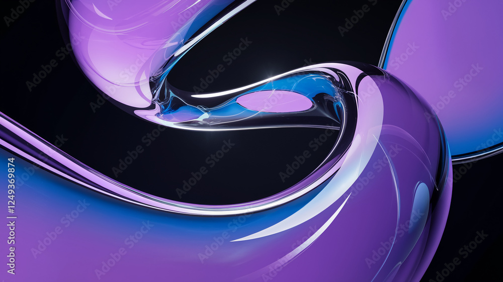 Poster an abstract design with flowing smooth curves in shades of purple and blue, symbolizing fluidity, cr