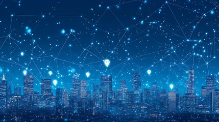 Fototapeta premium A city skyline with multiple white location pins