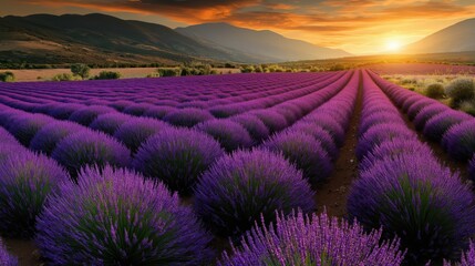 Obraz premium A stunning lavender field at sunset, with rows of purple flowers leading to distant mountains, under a vibrant orange sky