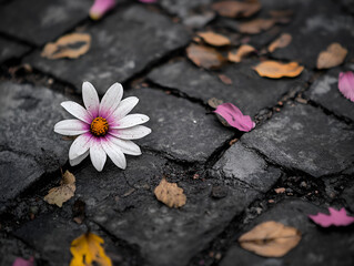Solitary Daisy: A single white daisy with pink center blooms amidst fallen leaves on a cobblestone path, a poignant reminder of beauty amidst the transition of seasons.