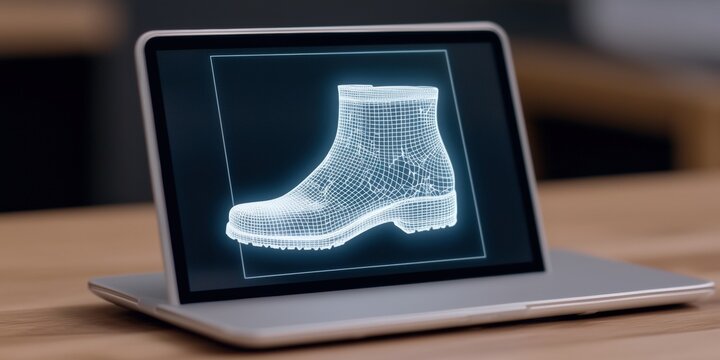 A digital rendering of a boot displayed on a laptop screen, showcasing a wireframe design in a modern, tech-savvy environment.