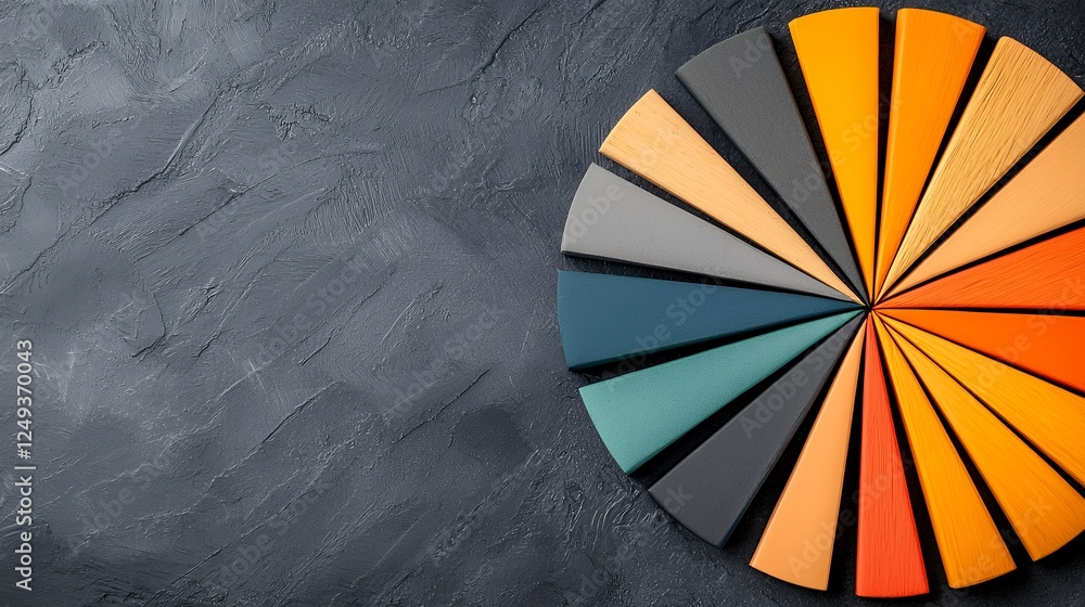 Poster Colorful pie chart slices arranged on dark gray textured background, showing diverse color spectrum and data representation.
