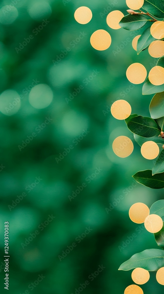 Poster blurred forest backdrop with golden bokeh circles and greenery. vertical image with soft green backg