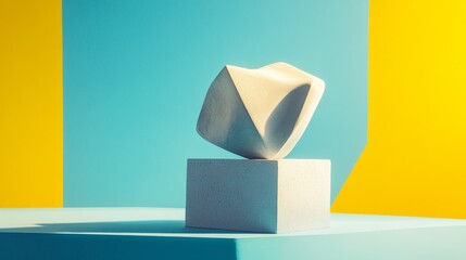 Abstract sculpture on colorful geometric blocks