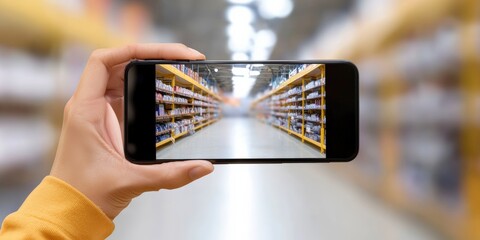 A person holds a smartphone, taking a photo of an aisle filled with shelves in a warehouse or store, showcasing organized products in a bright environment.