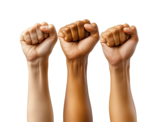 Three multi-racial women's fists are raised in the air, symbolizing strength and empowerment, isolated on a transparent background.
