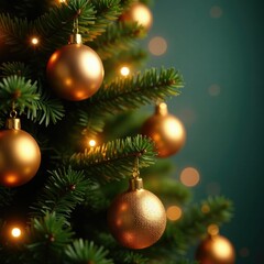 Fototapeta premium Twinkling lights and gold ornaments on a Christmas tree, Sparkle, Greenery, Gold ornaments