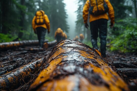 Forest workers engage in tree removal while navigating cut logs on a rainy day