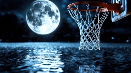 A serene night scene featuring a basketball hoop above shimmering water under a full moon