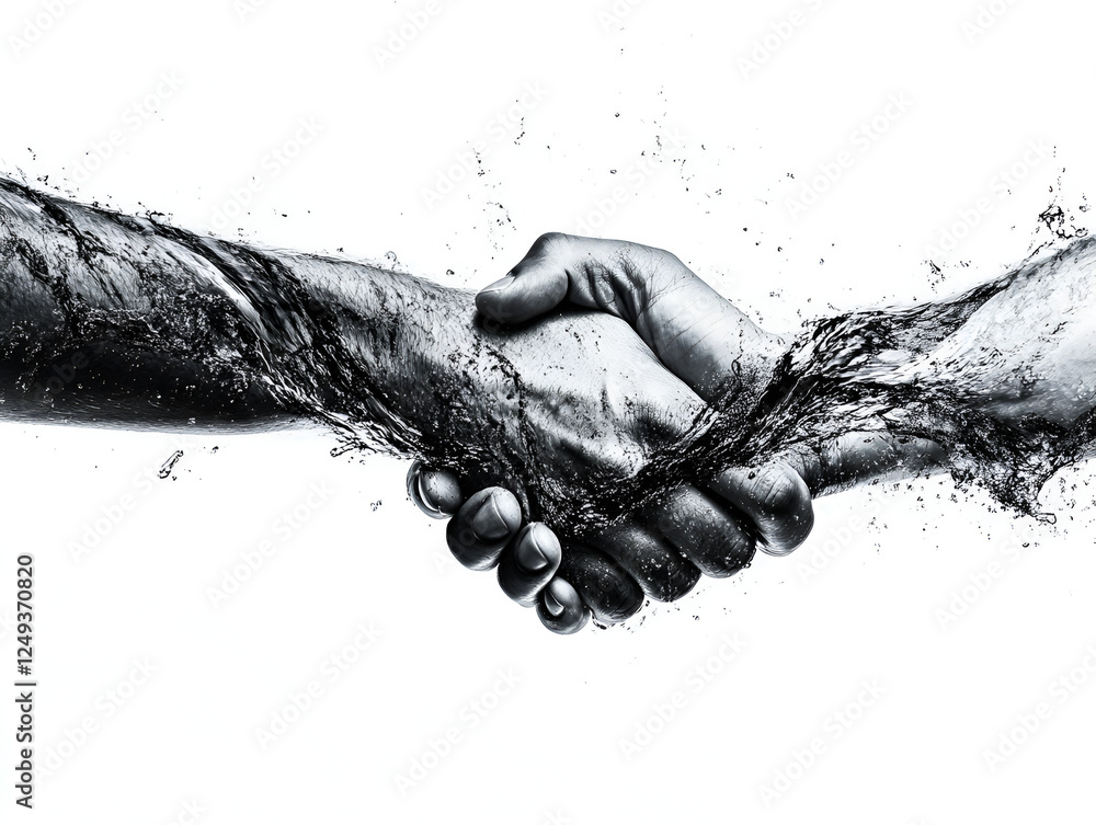 Poster liquid handshake: an artistic rendering of two hands clasped in a handshake, with water flowing arou