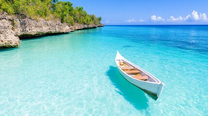 Tranquil scene of a pristine turquoise bay, featuring a white canoe nestled in the shallow, clear water. Lush green tropical vegetation lines the rocky shoreline.