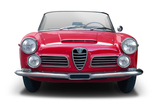 Classic Italian sport cabrio car front view isolated transparent background. PNG	