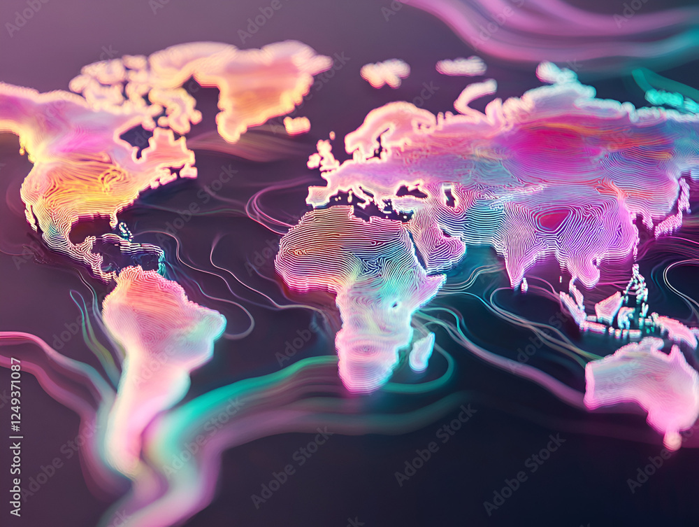 Poster global connections: a vibrant, abstract representation of the world map, rendered in dynamic neon co