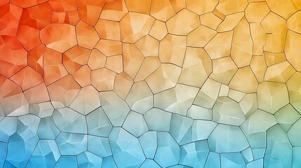 Abstract geometric pattern, gradient colors, orange, peach, blue, light teal, and white, polygonal shapes, low contrast, mosaic design, irregular shapes, pixelated effect, dotted lines, grid overlay