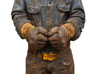 A worker in coveralls and work gloves stands with fists at the ready, in a close-up, isolated on a transparent background.