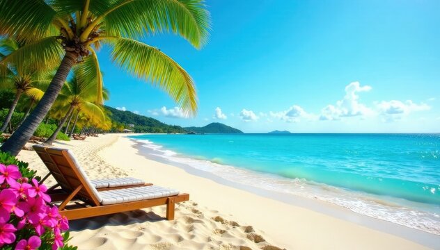 Un paisaje de playa con hamacas, palmeras y flores, landscape, playa, scenery