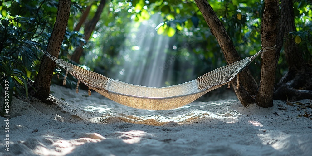 Aufkleber relaxing hammock under trees in a tranquil forest setting with sunlight filtering through leaves