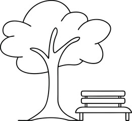 one line drawing of a tree with a bench under tree 