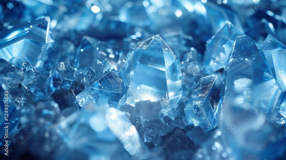 Poster Beautiful blue crystals emerge from a bed of rocks, capturing light in various angles to create a mesmerizing display of color and texture, reflecting their natural beauty.