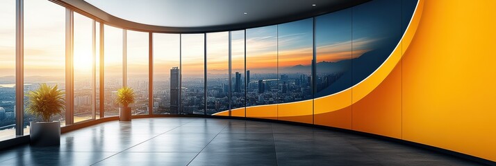 Obraz premium Graphic layout for advertising leaflet showcasing a modern city skyline at sunset