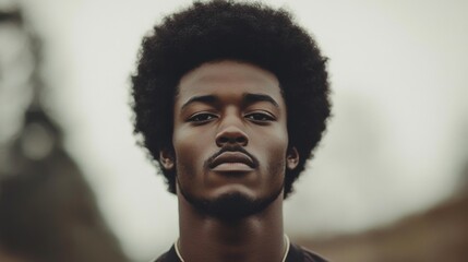 Obraz premium Man with afro, serious expression, outdoor portrait, blurred background, ideal for profile picture