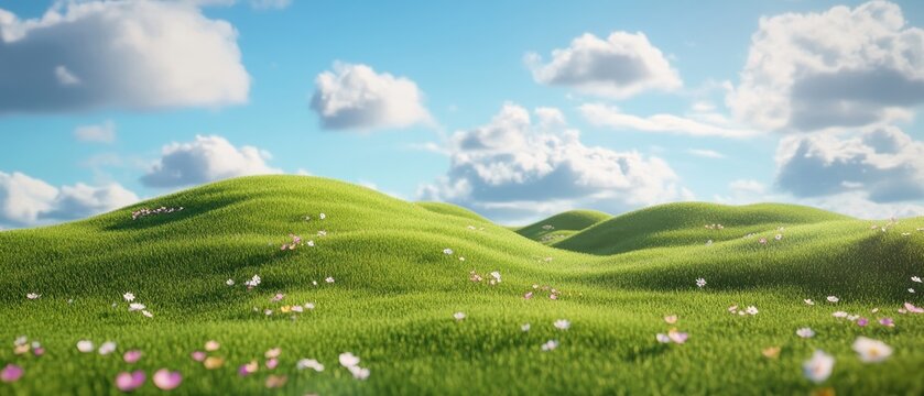 Serene meadow landscape with rolling green hills and fluffy clouds