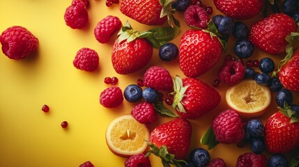 Fototapeta premium Berries and citrus on a yellow background