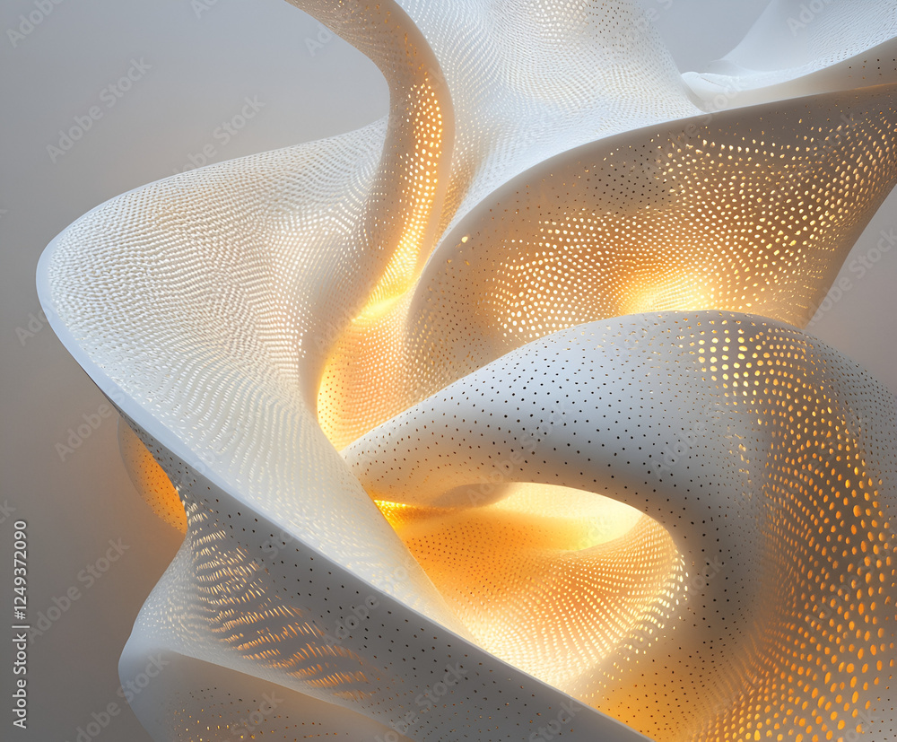 Poster sculptural light form: an abstract close-up of a mesmerizing, illuminated 3d-printed sculpture. intr