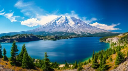Snowy Mount Saint Helens in Washington State: A Majestic Volcanic National Park with Forests and Blue Lakes (16:9)