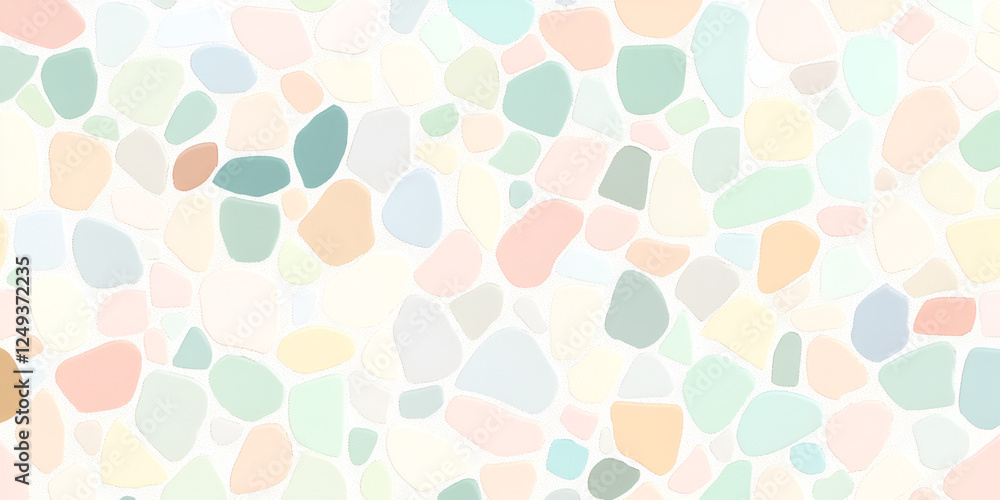Poster pastel pebble mosaic: an abstract seamless pattern of soft pastel colored pebbles, creating a calmin
