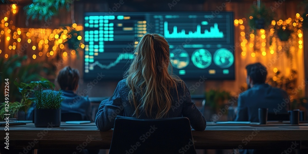 Aufkleber engaging in a data analysis session at a modern workspace with glowing screens and lush plants in th
