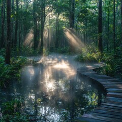 Fototapeta premium Serene morning light filtering through trees over a misty forest pond