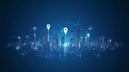 Fototapeta premium A city skyline with multiple white location pins