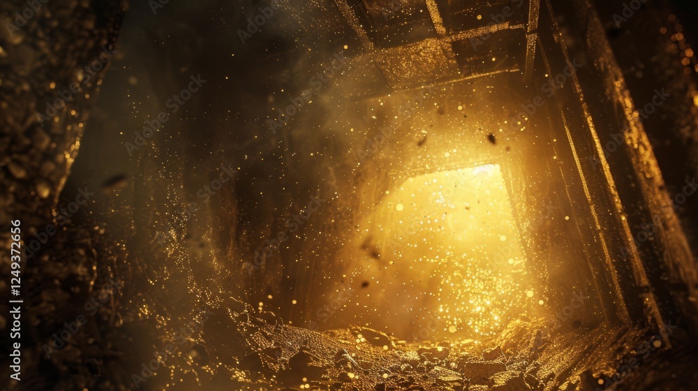 Poster a cavern filled with a warm golden light illuminating particles in the air. dust swirls as light bre