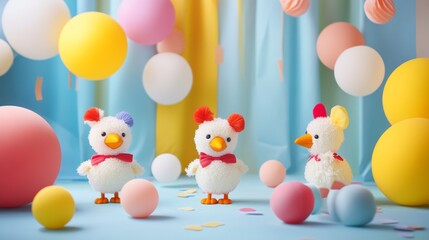 Cute chicks and colorful balloons
